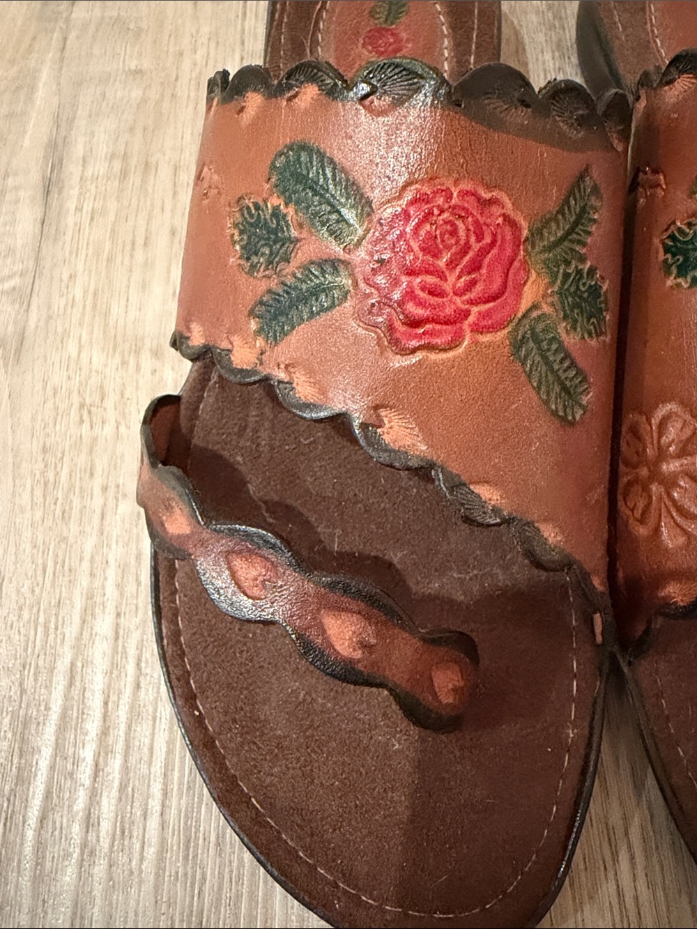 Brown Leather Floral Slide Sandals with Red Rose Detail - Picture 3 of 12
